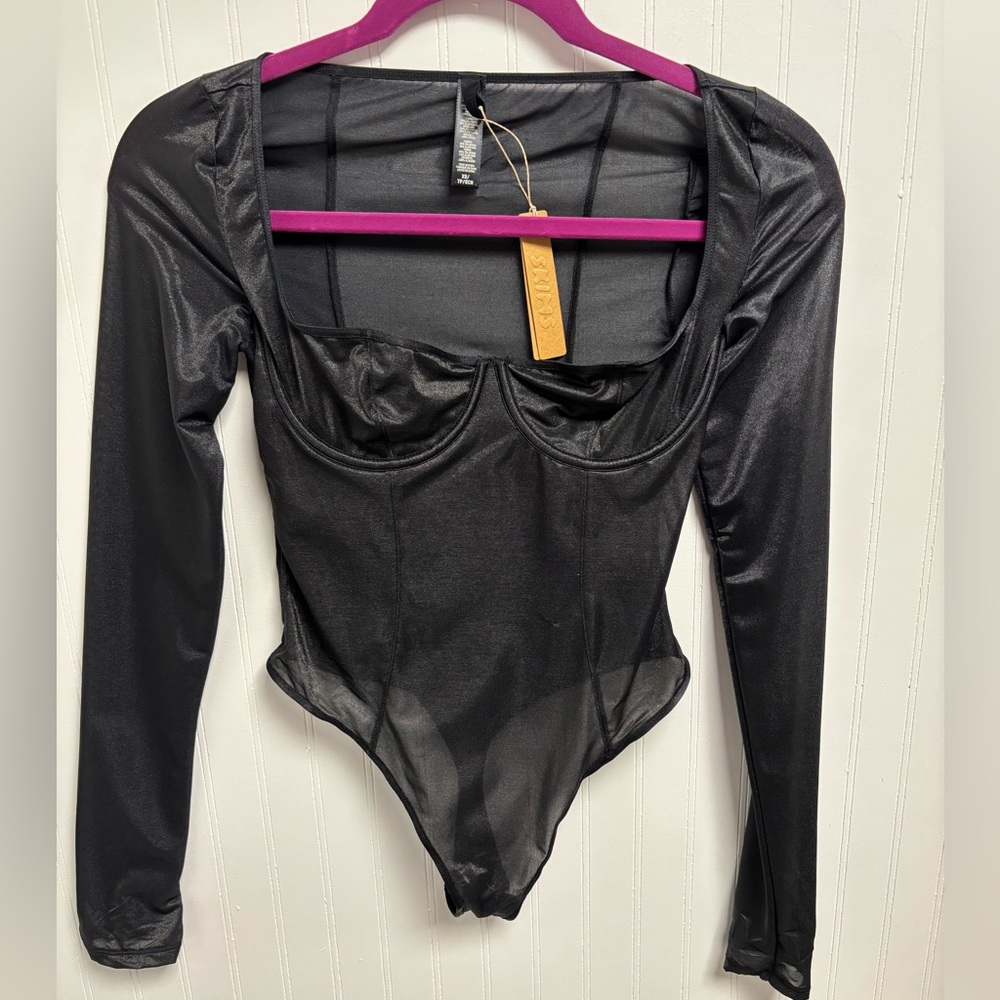 SKIMS Onyx Sheer Long Sleeve Bodysuit